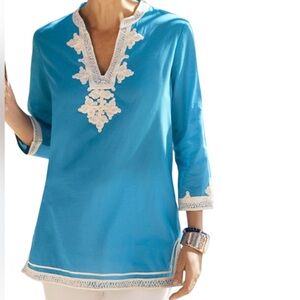 Chico’s Size 2 or Medium Embroidered Sequined Blue Blouse Shirt Top 3/4 Sleeve